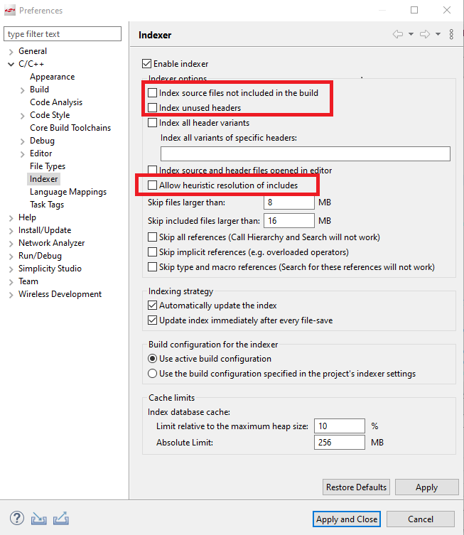 Simplicity Studio 5 Optimal Indexer Settings