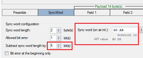 10 bit long sync word - configuration and over air bit pattern
