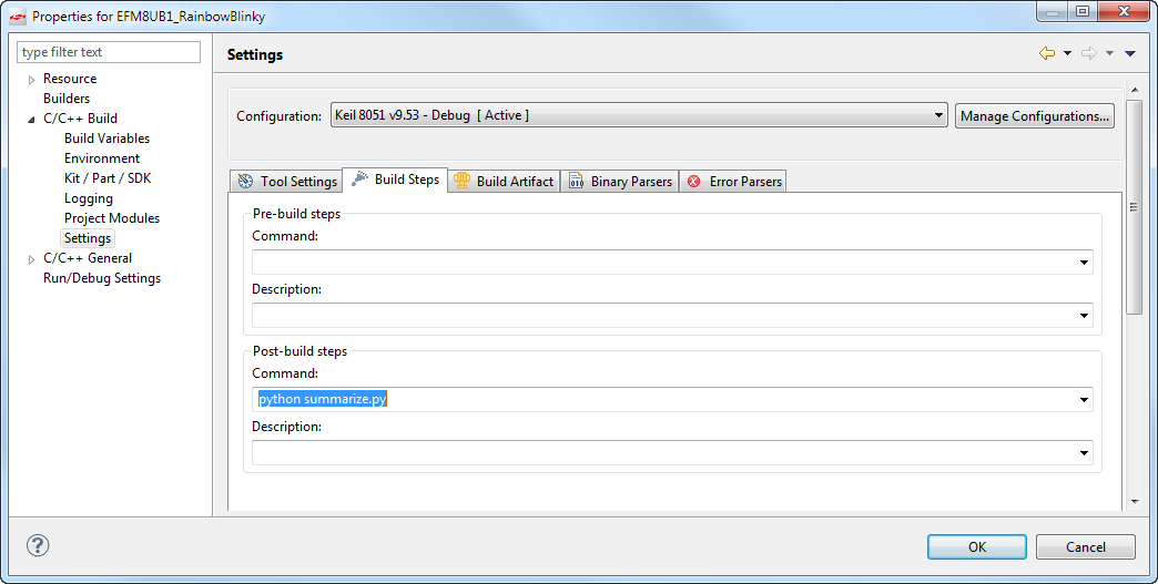 Adding a post build step in Simplicity IDE