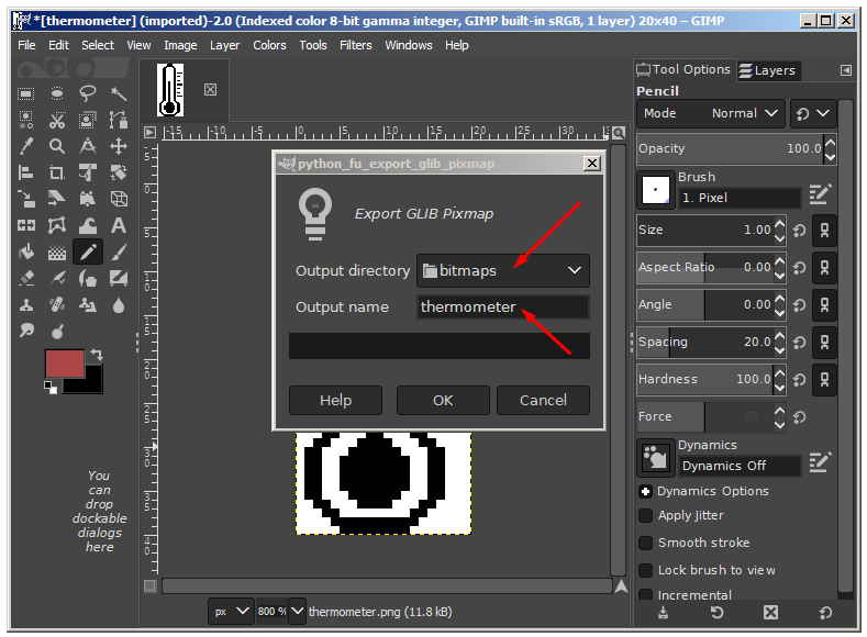 Creating monochrome bitmap files for LCD / GLIB using GIMP